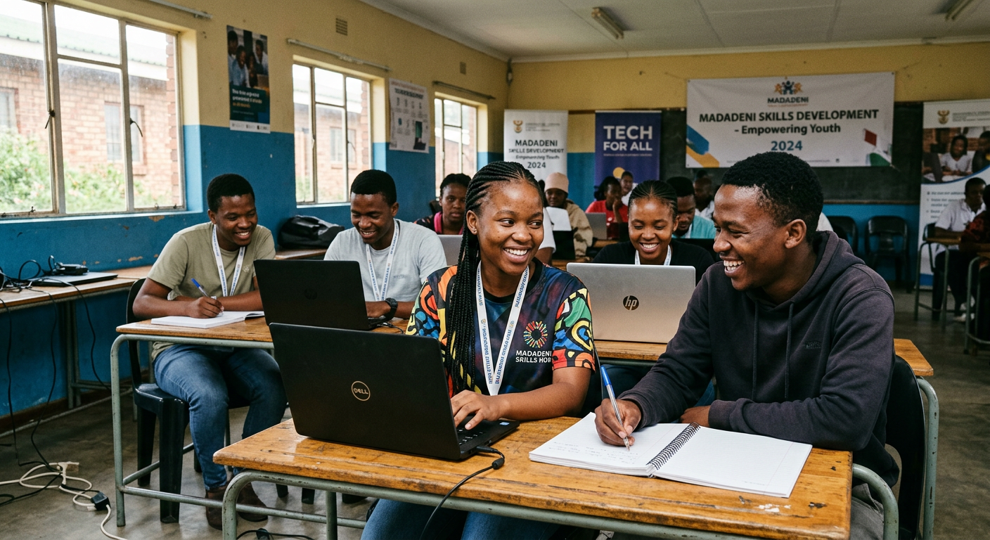 Young adults learning on laptops in a skills workshop